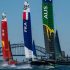 The Australia SailGP Team's F50 with Skipper Tom Slingsby AUS at the helm (right), the France SailGP Team and the China SailGP Team boat during a race condition practice session. Event 1 Season 1 SailGP event in Sydney Harbour, Sydney, Australia. © Bob Martin for SailGP