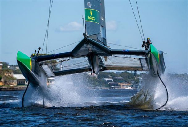 Australia SailGP Team helmed by Tom Slingsby in action during a practice session ahead of Sydney SailGP - Season 2 - February 2020 - Sydney, Australia. © Sam Greenfield/SailGP