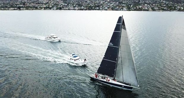 Alive sailing to the finish line to take line honours in the TasPorts Launceston to Hobart Yacht Race © Steve Shield
