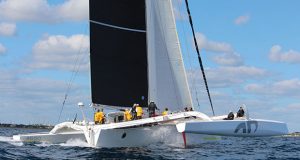 Jason Carroll’s MOD 7O trimaran Argo claimed line honors in the 62nd Wirth M. Munroe Ocean Race, completing the 60-mile course from Miami to Palm Beach in just over 3 hours, averaging nearly 20 knots and smashing the overall elapsed time record. © Gus Carlson