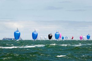 The fleet under kite – the wind built all afternoon as the cloud dissolved. Classic racing weather. - 2020 Etchells Australian Championship, final day © John Curnow