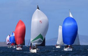 Performance Cruising Keelboats in colourful formation on the River Derwent - Banjo's Shoreline Crown Series Bellerive Regatta 2020 © Jane Austin