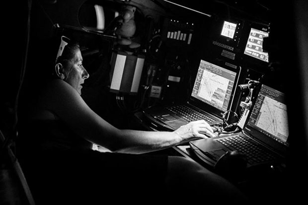 The Ocean Race, Leg 4, Melbourne to Hong Kong, Day 12 onboard Turn the Tide on Plastic. Dee Caffari studies the routing for the second half of this leg. © Brian Carlin / Volvo Ocean Race
