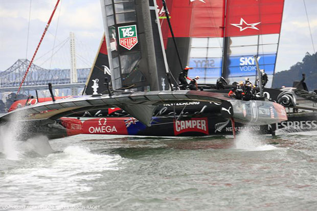 ORACLE TEAM USA narrowly miss Emirates Team New Zealand during race 13 of the 34th America's Cup © Gilles Martin-Raget / ACEA