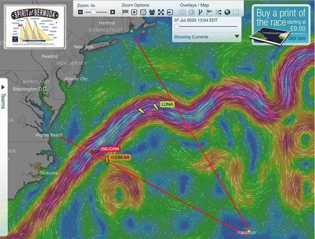 Spirit of Bermuda Charity Rally entries shown on the YB tracking site traversing the Gulf Stream today at 1300 EDT © Sailing Yacht Research Foundation