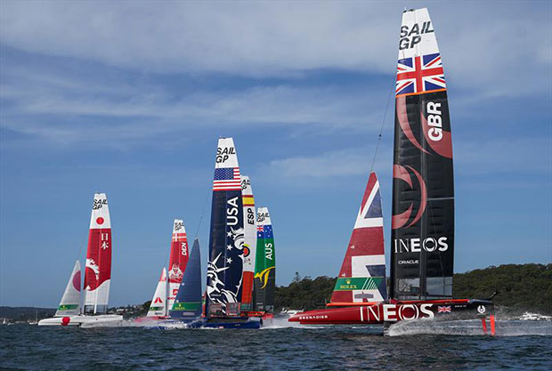 Great Britain SailGP Team helmed by Ben Ainslie prepares to overtake the fleet at the start of the first race on Race Day 2 - SailGP - Sydney - Season 2 - February 2020 - Sydney, Australia. © Bob Martin/SailGP
