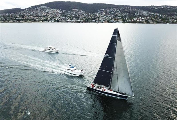 Alive sailing to the finish line to take line honours in the TasPorts Launceston to Hobart Yacht Race © Steve Shield