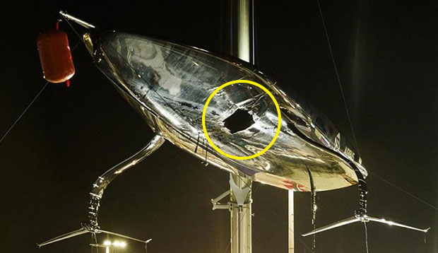 NYYC American Magic's Patriot back ashore with a huge hole in the hull after their massive capsizes on day 3 of the PRADA Cup © COR36 / Studio Borlenghi