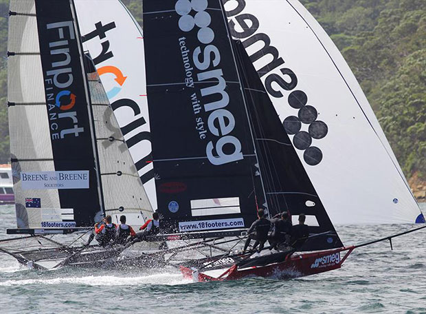 Finport Finance and Smeg lead the fleet on the first spinnaker run during Race 8 of the 18ft Skiff Australian Championship ©Frank Quealey