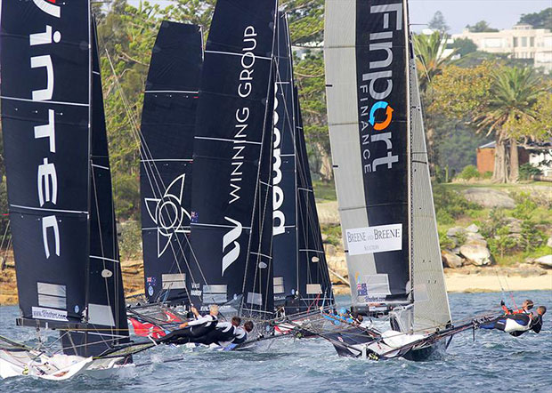 18ft Skiff Supercup: Battle after the start in Race 2 ©Frank Quealey