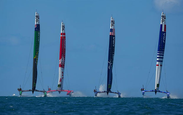 Australia SailGP Team, Denmark SailGP Team presented by ROCKWOOL, USA SailGP Team and France SailGP Team in Friday action at Bermuda SailGP presented by Hamilton Princess © Bob Martin for SailGP