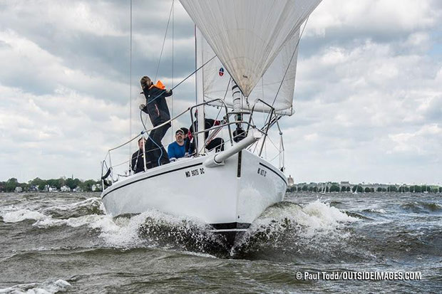 Doug and Amy Stryker's crew on the J/105 Mayhem work on their sail handling at the Helly Hansen NOOD Regatta Annapolis. © Paul Todd / www.outsideimages.com