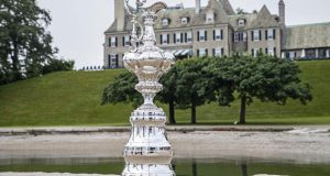 The America's Cup Trophy in front of the New York Yacht Club's Newport Club House © Carlo Borlenghi