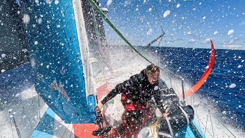6 February 2023, Leg 2, Day 12 onboard Team Malizia. Rosalin Kuiper under a wave one deck - photo © Antoine Auriol / Team Malizia