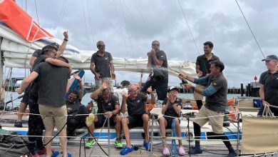 Christmas Champagne for White Shadow celebrating after 46 days at sea - photo © OGR2023 / Jacqueline Kavanagh