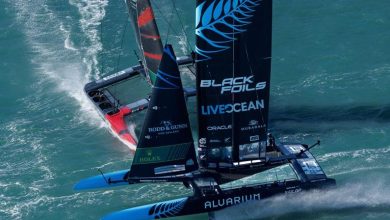 New Zealand SailGP Team helmed by Peter Burling sails in front of Switzerland SailGP Team helmed by Nathan Outteridge on Race Day 2 of the ITM New Zealand Sail Grand Prix in Christchurch, New Zealand ©Felix Diemer for SailGP