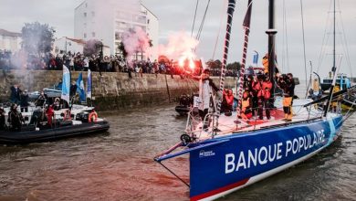 skipper Clarisse Cremer, Banque Populaire X, is pictured celebrating with flares in the channel during arrival of the Vendee Globe sailing race, on February 2 - photo © Jean-Louis Carli / Alea