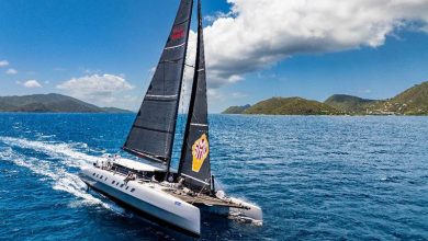 Adrian Keller's 84ft Irens-designed catamaran Allegra win the Nanny Cay Cup in the Round Tortola Race - 2024 BVI Spring Regatta and Sailing Festival © Alex Turnbull / Tidal Pulse Media