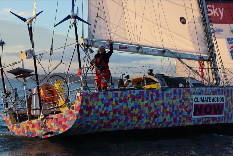Lisa Blair celebrates after setting the record for a solo monohull circumnavigation around New Zealand © RNZYS Media