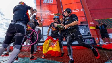 Spain SailGP Team helmed by Diego Botin spray Barons De Rothschild Champagne on board their F50 catamaran as they celebrate winning the Apex Group Bermuda Sail Grand Prix - photo © Felix Diemer for SailGP