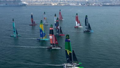 Australia SailGP Team helmed by Tom Slingsby, ROCKWOOL Denmark SailGP Team helmed by Nicolai Sehested and Mubadala Brazil SailGP Team helmed by Martine Grael with the SailGP F50 catamaran fleet during practice ahead of the Emirates Dubai Sail Grand Prix - photo © Simon Bruty for SailGP