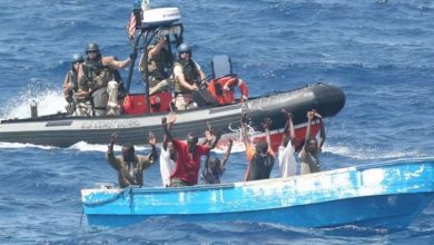 Suspected pirates surrender to the U.S. Coast Guard off the coast of Somalia in 2009. LCDR Tyson Weinert/U.S. Coast Guard Copyright © 2010–2025, The Conversation Media Group Ltd