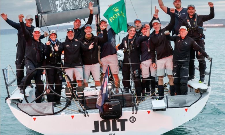 The crew celebrate on Peter Harrison's Botin 52 Jolt 3 - Admiral's Cup 2025 in the Rolex Fastnet Race - photo © Paul Wyeth / RORC
