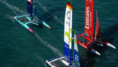 Germany SailGP Team presented by Deutsche Bank leads Emirates Great Britain SailGP Team, USA SailGP Team and Spain SailGP Team in action on Race Day 1 of the DP World Spain Sail Grand Prix © Felix Diemer for SailGP