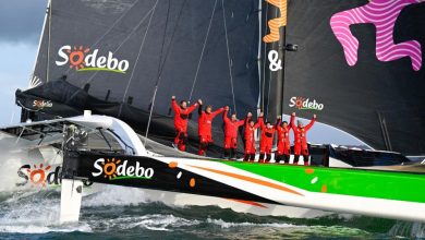 Thomas Colville and crew on Sodebo Ultim 3 off Ouessant, win the Jules Verne Trophy, a non-stop crewed round-the-world race, in Brest on Sunday 25th 2026 - photo © Vincent Curutchet / Sodebo
