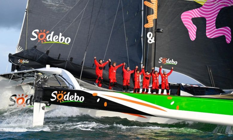 Thomas Colville and crew on Sodebo Ultim 3 off Ouessant, win the Jules Verne Trophy, a non-stop crewed round-the-world race, in Brest on Sunday 25th 2026 - photo © Vincent Curutchet / Sodebo
