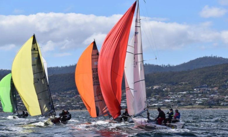 Lots of colour and movement on the River Derwent - 2026 Storm Bay Apparel SB20 Australian Championship Day 2 ©Jane Austin