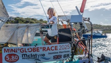 26-year-old Jasmine Harrison from the UK crosses the finish line of the 28,000-mile solo 2025 Mini Globe Race with her Mini Starlink as a game changer for sponsors and follower engagement - photo © Rob Havill / MGR2025-26