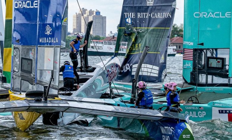 Collision involving United States SailGP Team Mubadala Brazil SailGP Team at the start of Race 3 on Day 2 - Mubadala New York Sail GP - New York, USA - May.31, 2026 - photo © Ricardo Pinto/SailGP