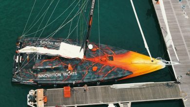 Norbert waving Open60AAL stern after departure © Innovation Yachts