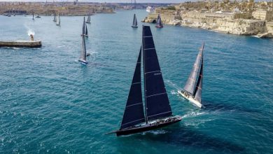 Giovanni Lombardi Stronati's wallyrocket 71 Django 7X chases Remon Vos' 100ft Black Jack away from Malta following Saturday's start - photo © Kurt Arrigo / Rolex