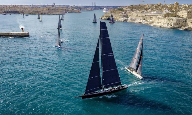 Giovanni Lombardi Stronati's wallyrocket 71 Django 7X chases Remon Vos' 100ft Black Jack away from Malta following Saturday's start - photo © Kurt Arrigo / Rolex